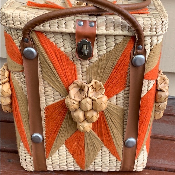 Beach Straw Wooven Square VTG basket Bag - Picture 3 of 8